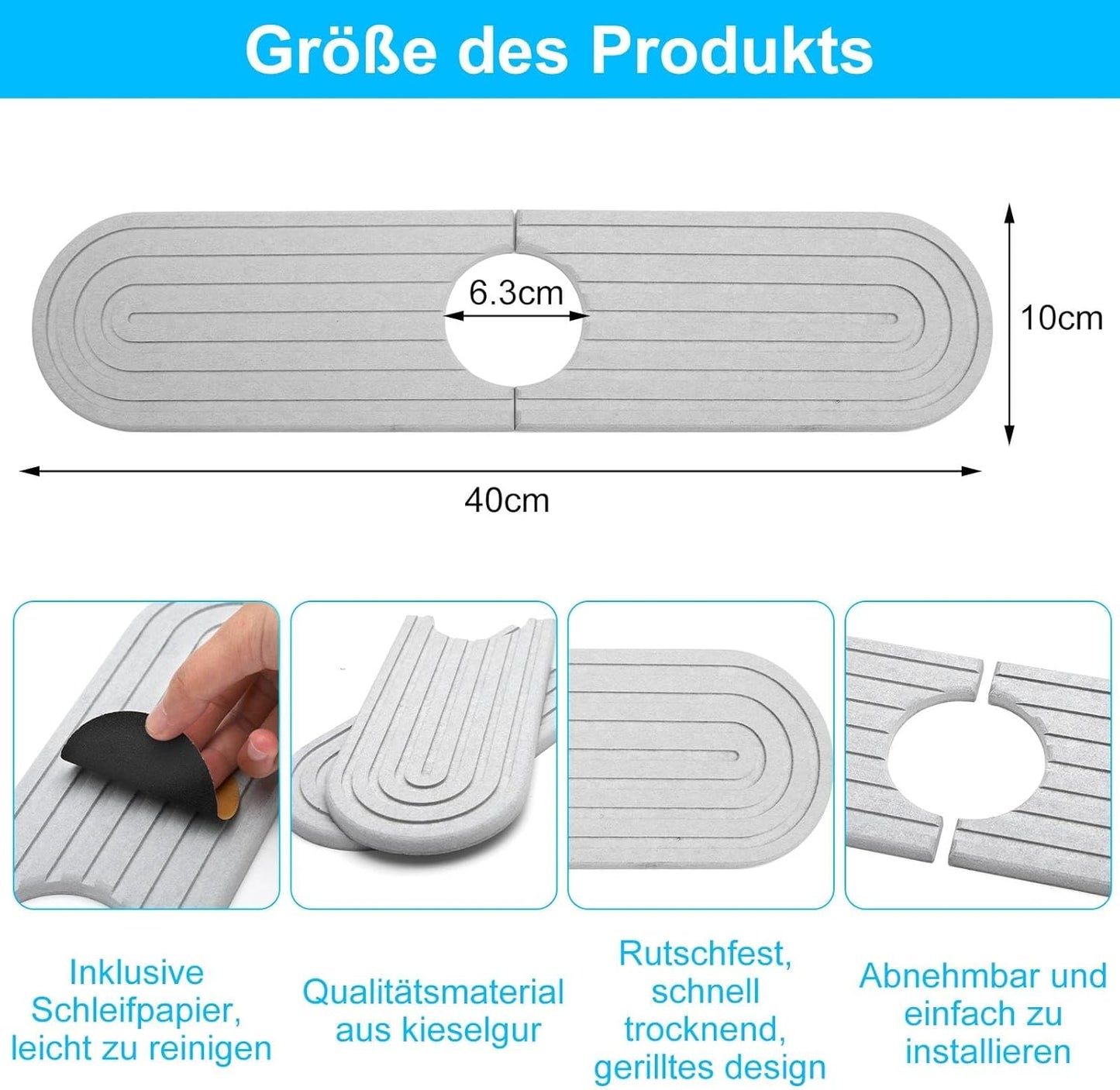 TNSLAND Abtropfmatte Spüle Wasserhahn Spritzschutz, Wasserhahn Matte, Stone Mat Wasserhahnschutz & Abtropfmatte Wasserhahnmatte Sink Mat für Küche und Badezimmer Inklusive Sandpapier Hellgrau 40x10cm