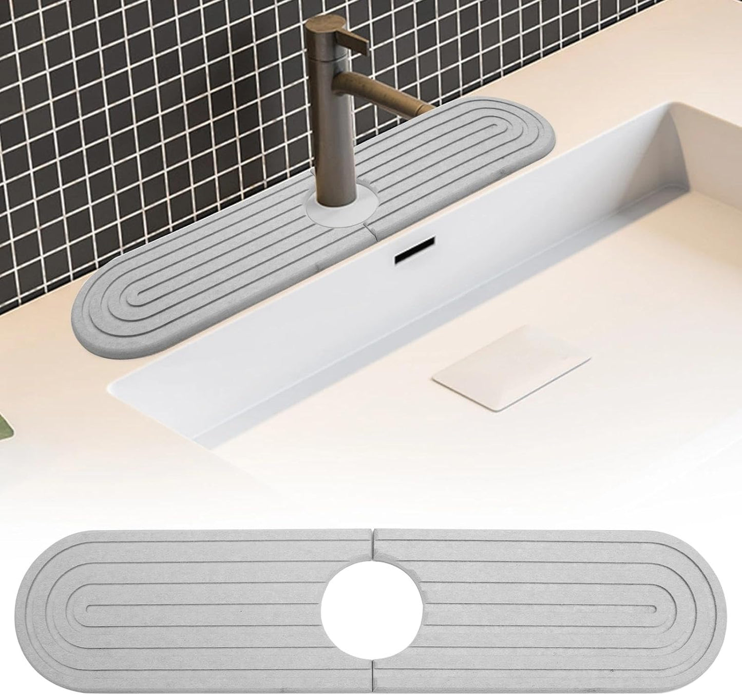 TNSLAND Abtropfmatte Spüle Wasserhahn Spritzschutz, Wasserhahn Matte, Stone Mat Wasserhahnschutz & Abtropfmatte Wasserhahnmatte Sink Mat für Küche und Badezimmer Inklusive Sandpapier Hellgrau 40x10cm