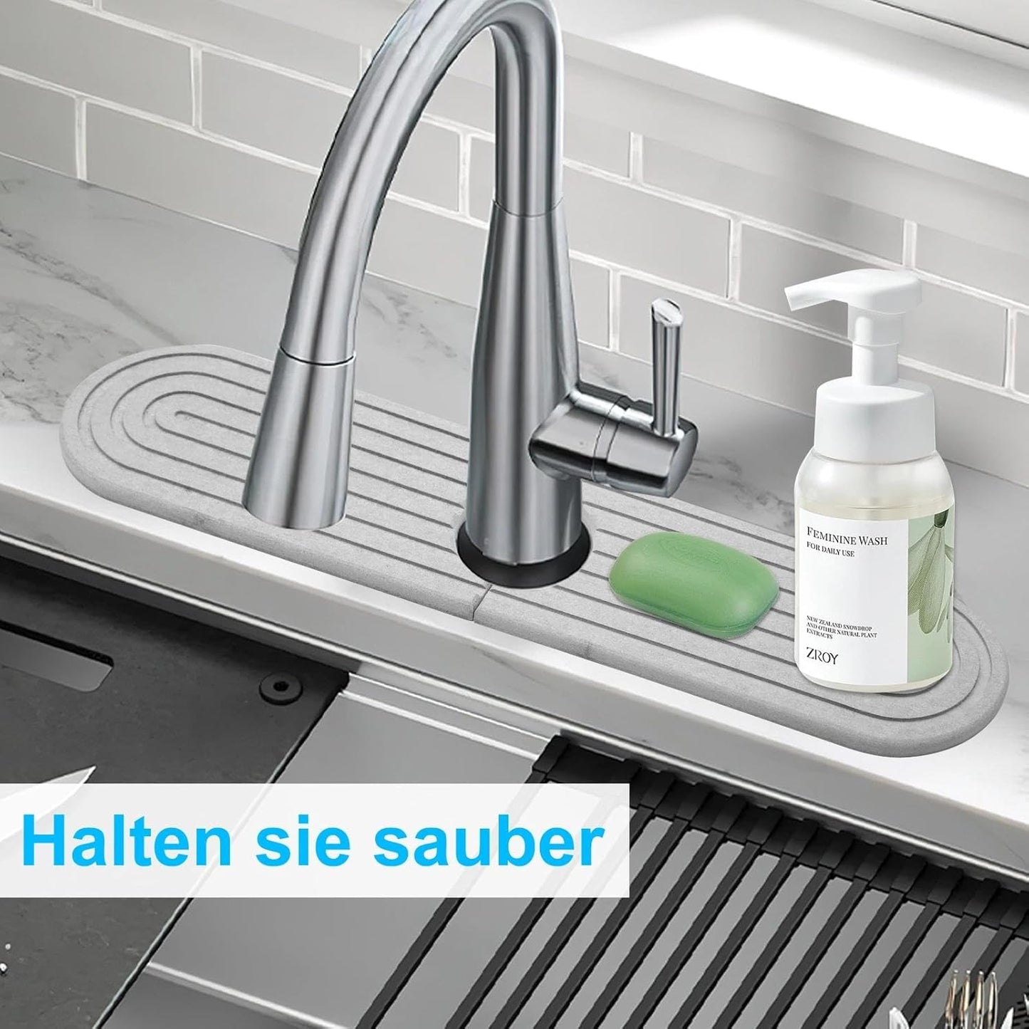 TNSLAND Abtropfmatte Spüle Wasserhahn Spritzschutz, Wasserhahn Matte, Stone Mat Wasserhahnschutz & Abtropfmatte Wasserhahnmatte Sink Mat für Küche und Badezimmer Inklusive Sandpapier Hellgrau 40x10cm