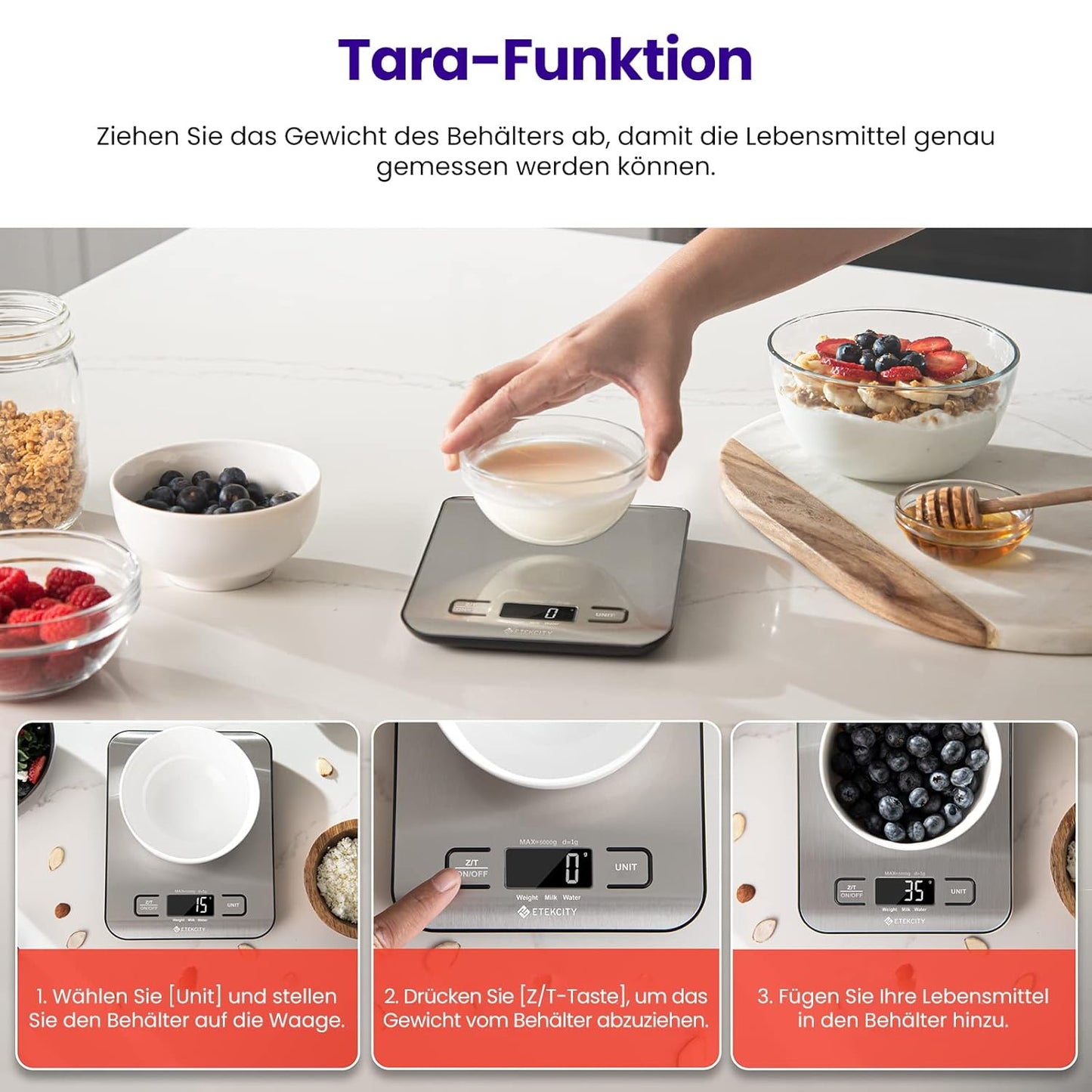 ETEKCITY Küchenwaage, digital 5KG mit großem LCD-Display,Digitalwaage, Briefwaage mit Großer Edelstahl Wiegefläche, Flüssigkeitsmessung, hohe Präzision auf bis zu 1g, Tara-Funktion, Silber