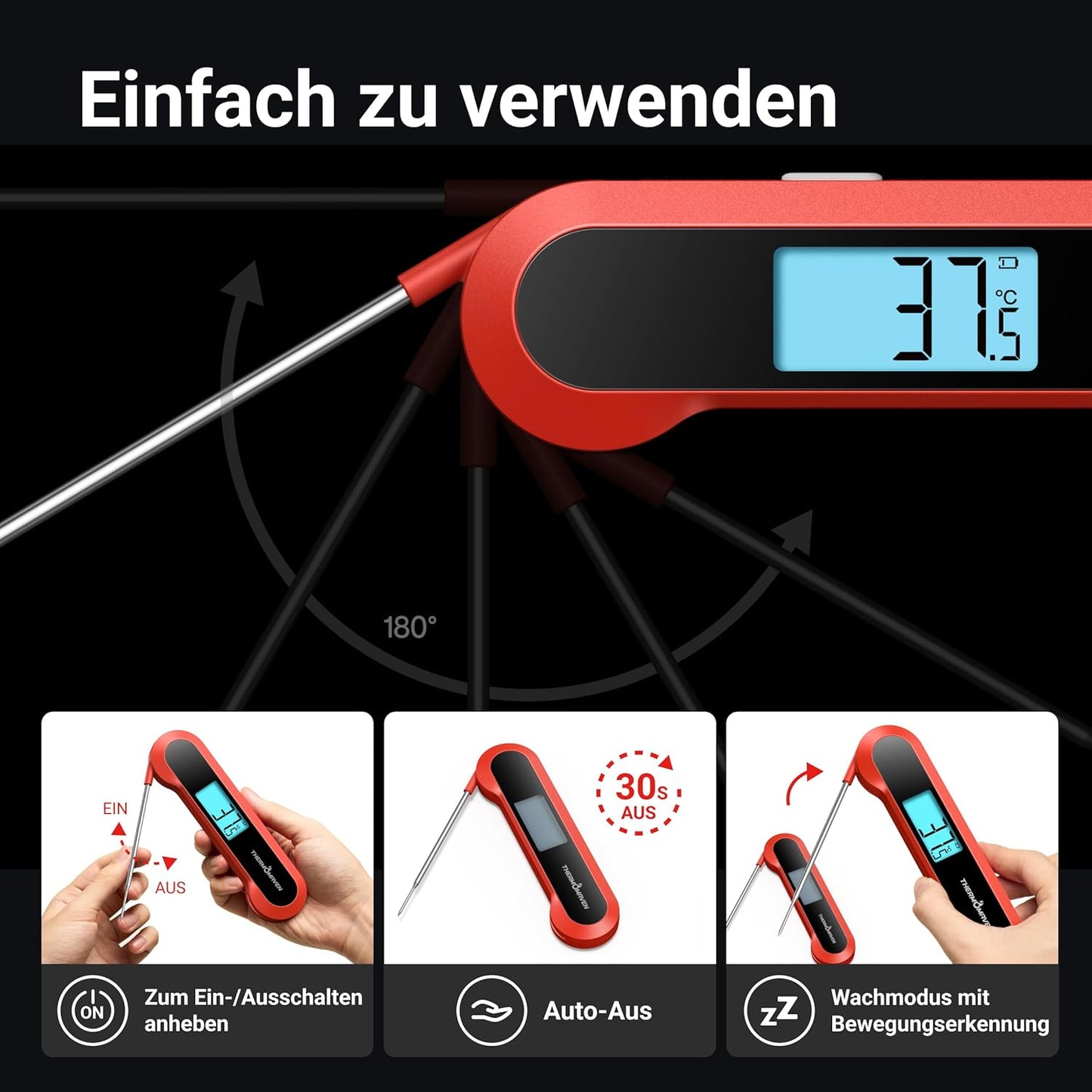 ThermoMaven Digitales Fleischthermometer – 0,5s Sofortanzeige Grillthermometer, ±0,3℃ Genau Thermometer Kochen, IP67 Wasserdicht Thermometer Kochen, NSF Magnetische Küchenthermometer, Braten BBQ Grill